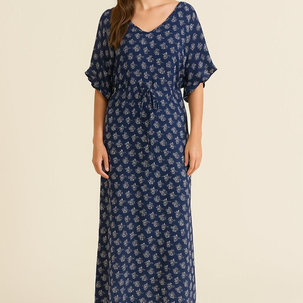 Christy Dawn Blue Floral Midi Dress XS/S Tie Waist Boho Cottagecore Sustainable